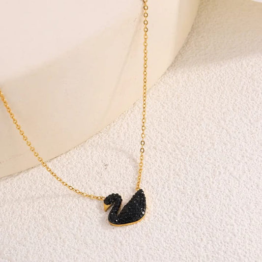 Elegant Black Swan Pendant in Gold-Plated Stainless Steel