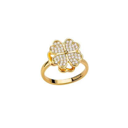 Gold-Plated Stainless Steel Clover Ring with Cubic Zirconia