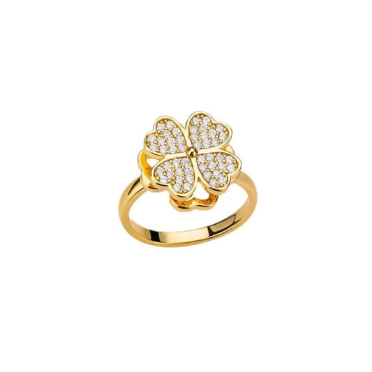 Gold-Plated Stainless Steel Clover Ring with Cubic Zirconia