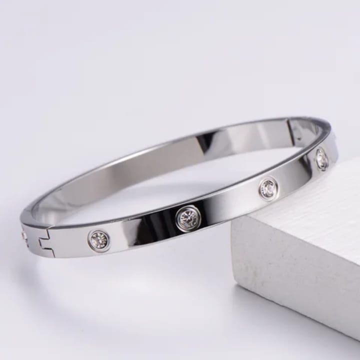Sleek Silver-Tone Stainless Steel Bangle with Crystal Accents