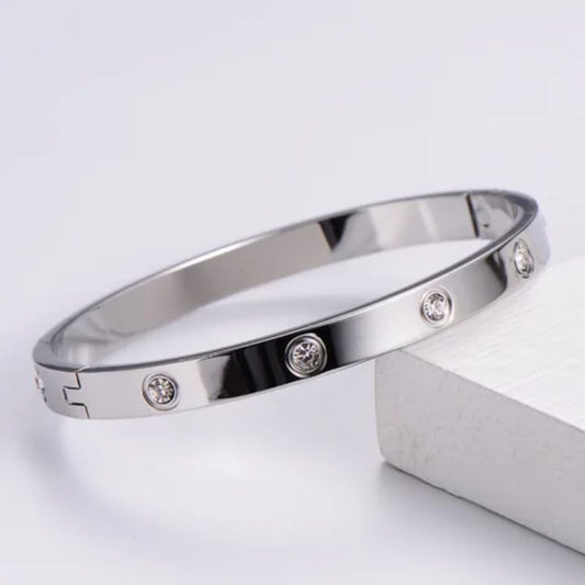 Sleek Silver-Tone Stainless Steel Bangle with Crystal Accents