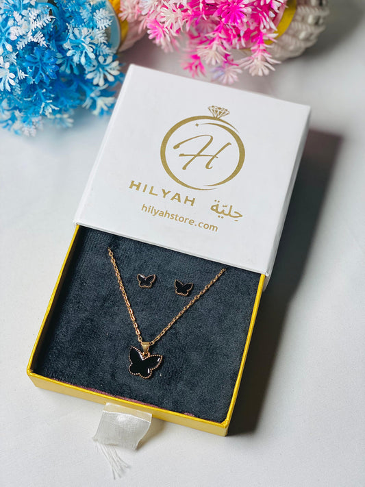 Chic Black Butterfly Stainless Steel Pendant & Earring Set