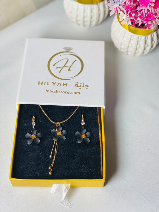 Elegant Black Floral Stainless Steel Pendant & Earring Set