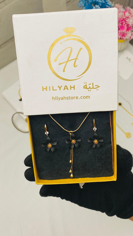 Elegant Black Floral Stainless Steel Pendant & Earring Set