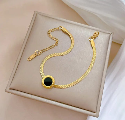 Elegant Gold-Plated Stainless Steel Bracelet with Black Enamel Accent