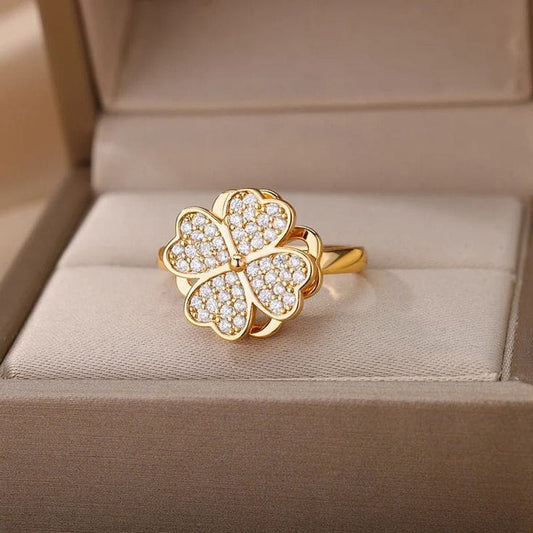 Gold-Plated Stainless Steel Clover Ring with Cubic Zirconia